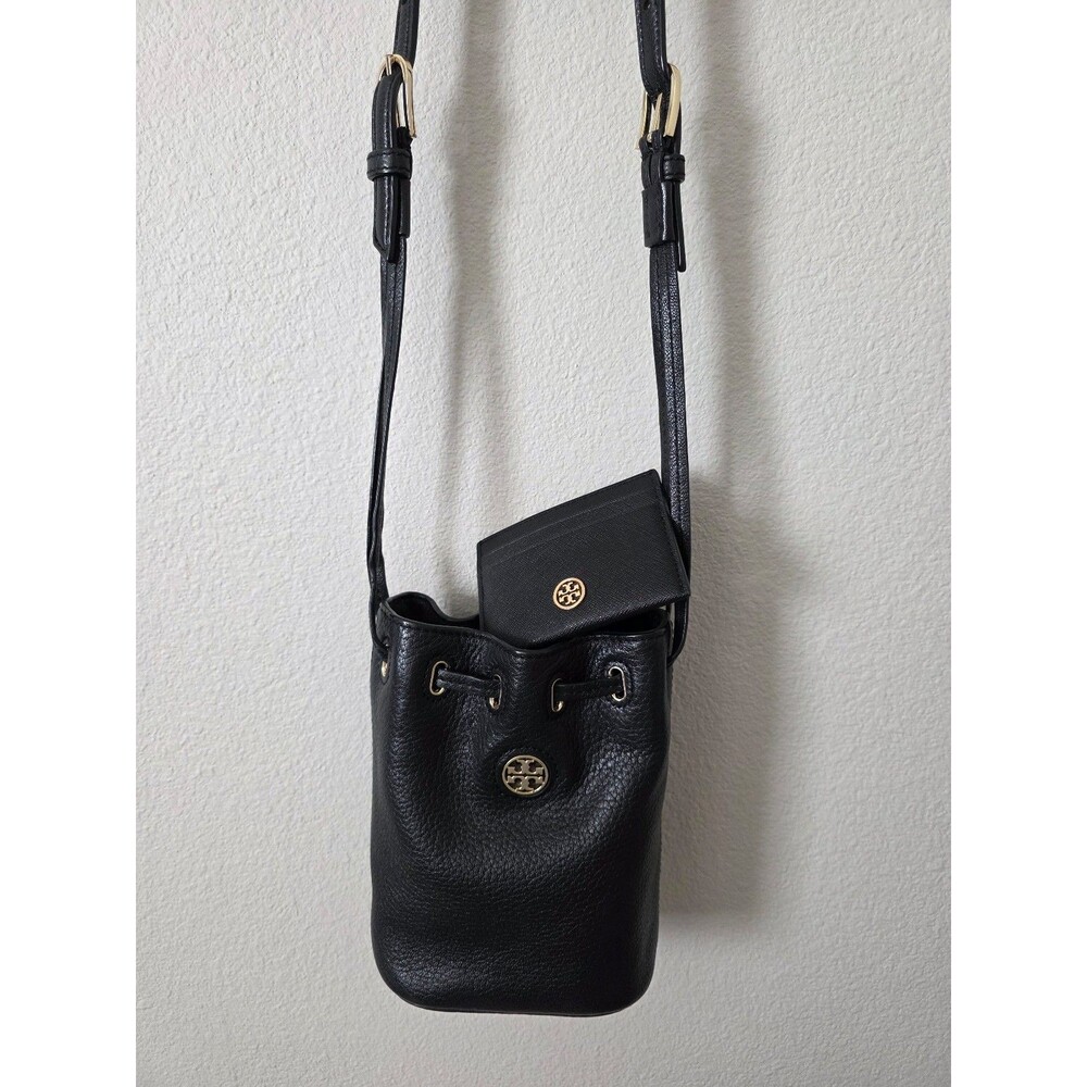 Tory Burch Mini Pebbled Leather Bucket Bag Black Crossbody + TB Card Case Bundle